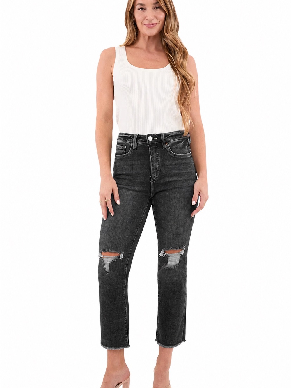 High-Rise Straight Cropped Distressed Jeans - Black